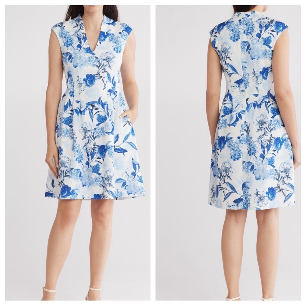 Vince Camuto Floral Print Midi Dress in Blue and White